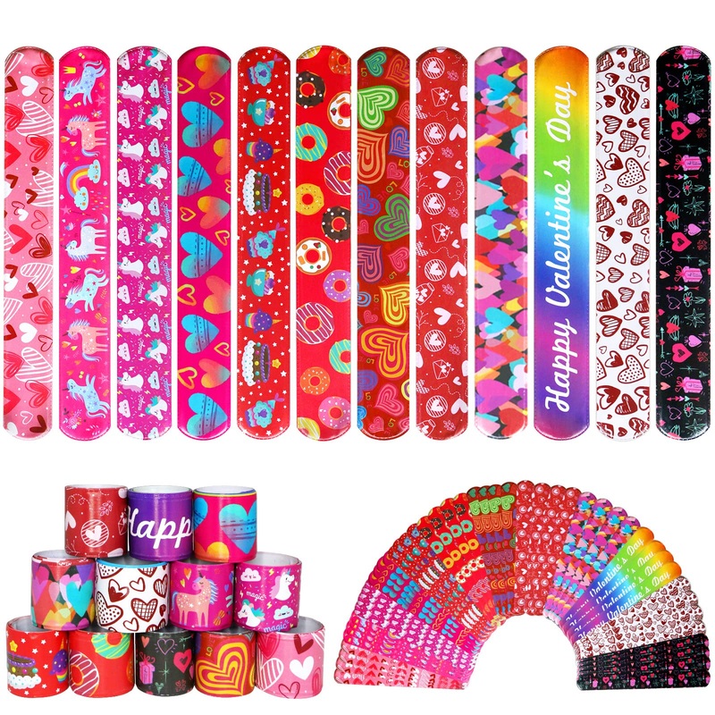 Giaueoa 48 Pcs Valentines Slap Bracelets Valentine’s Day Snap Bracelets for Kids Valentine Party Favor