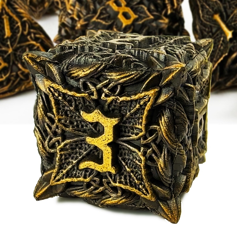 HAOMEJA DND Dice Vine Leaf Set Metal Dice 7 Polyhedral Role Playing Dice D&D Solid Dungeons and Dragons Dice (Ancient Brass)