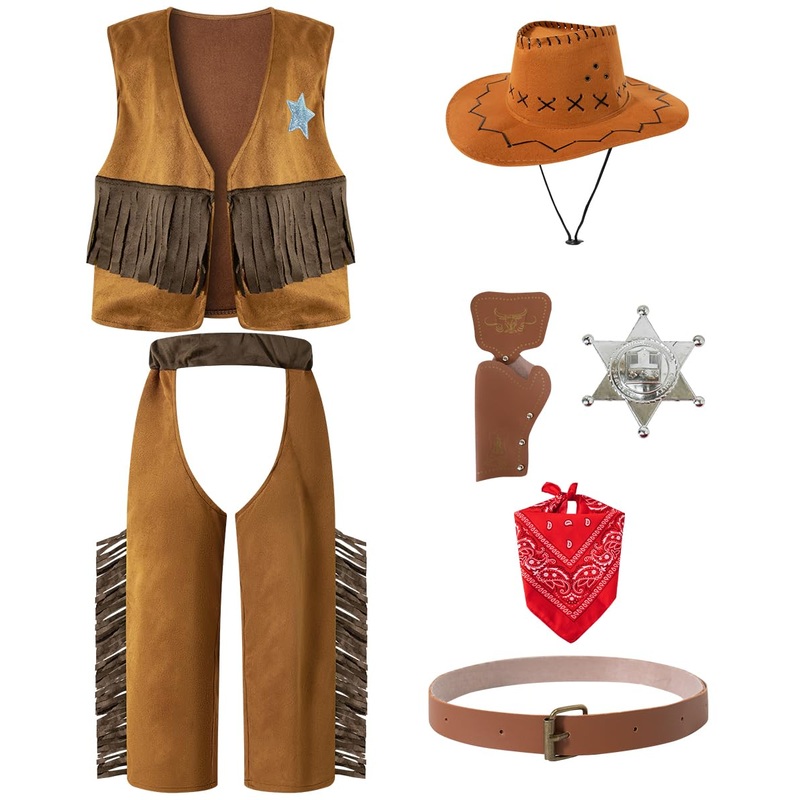 IWALUE Kids Boys Cowboy Halloween Costume Dress Up Party Cosplay with Bandana Cowboy Hat (Brown, 5-6 Years)