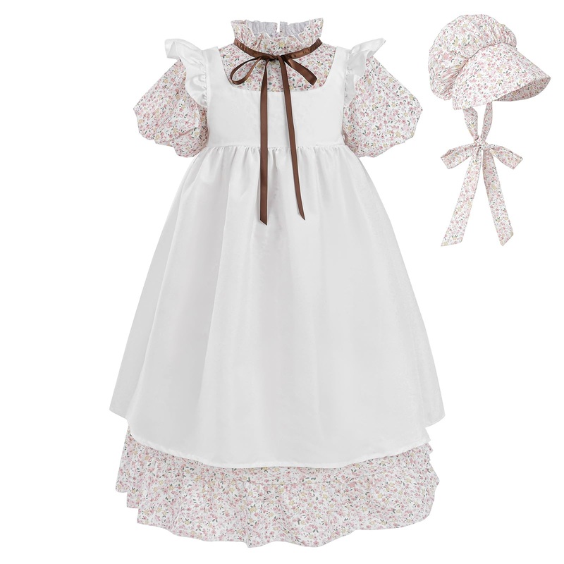 LTAKK Pioneer Dress Girls Colonial Costume Prairie Pilgrim Girl Dresses with Pinafore and Bonnet, Pink Floral, XL