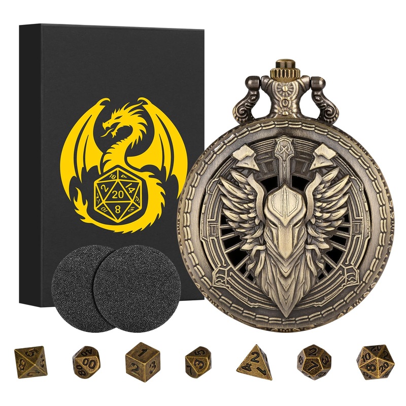 Mini DND Dice Set Steampunk Hollow Paladin Knight Warrior Pocket Watch Shell Case, 7pcs Polyhedral Metal D&D Dice Set, DND Gifts