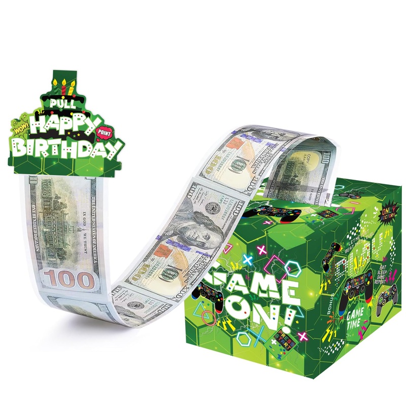 Mpanwen Green Video Game Birthday Money Gift Box for Cash Gift, DIY Surprise Gamer Gaming Money Box with Pull Out Card and 30Pcs