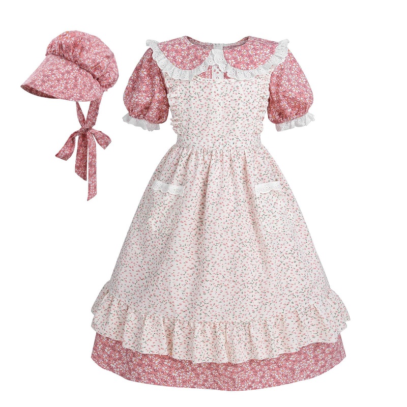 Nuoqi Colonial Costume Girls Prairie Pioneer Dress Laura Ingalls Wilder Costume with Apron Pink, 6-7