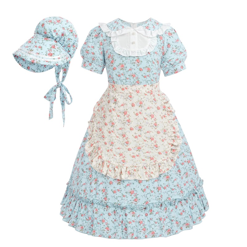 Nuoqi Prairie Dresses for Girls, Blue Laura Ingalls Wilder Costume Pioneer Colonial Dress with Apron, 10-12