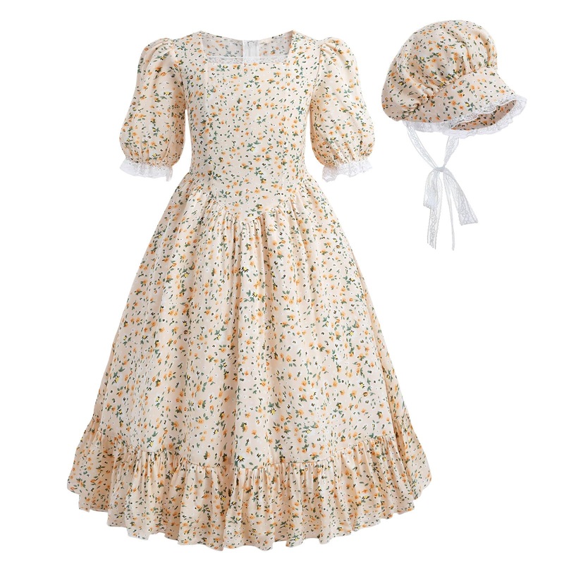 Nuoqi Prairie Dresses for Girls, Pioneer Girl Costume Girls Colonial Dress Girls 12-14, Orange Pink, XX-Large