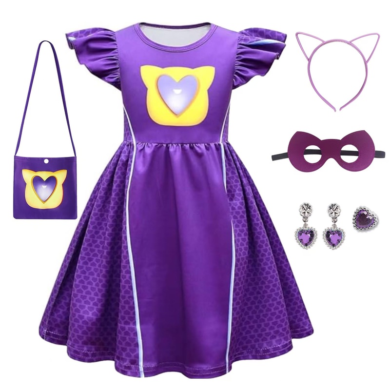SHELOVESIT Girls Superhero Cosplay Costume Kitties Dress Movie Character Cat Dress Up Outfits – 130cm/5T-6T – Purple
