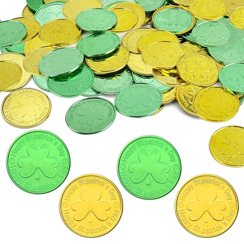 Sitroasho 200 Pcs St. Patricks Day Gold Coins, Gold and Green Lucky Coins, Plastic Irish 3-Leaf Clover Leprechaun Coin for St Pa