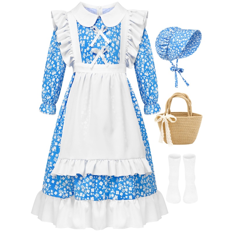 SOMSOC 5 Pack Colonial Girl Dress Costume Set Pioneer Floral Dress with Apron Bonnet Socks Flower Basket for Historical Play