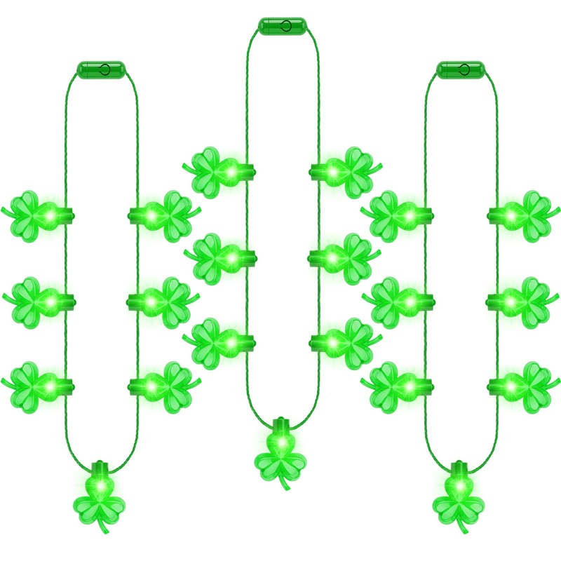 St Patricks Day Necklace Accessories, 3PCS Light up St Patricks Day Necklace Bulk, 7 Lights Green Shamrock Irish St Patricks Day