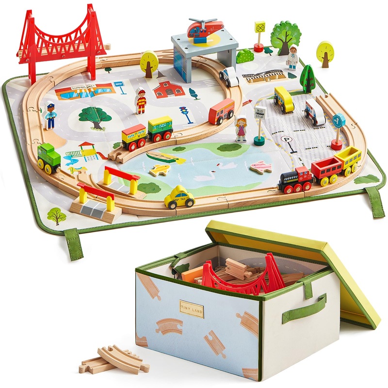 Tiny Land 110pcs Wooden Train Set with Folding Storage Box, Wooden Train Track Toy for Boys & Girls, Age 3-7, Includes Convenien