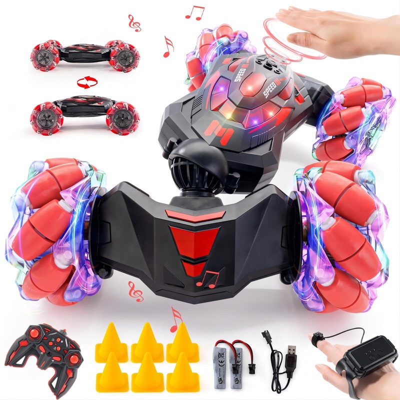 WJWMIRC 1:10 Remote Control Stunt Car 4WD 2.4 GHz Hand Gesture Sensing RC Crawler Vehicle 360 Flips with Lights Music Spray Birt
