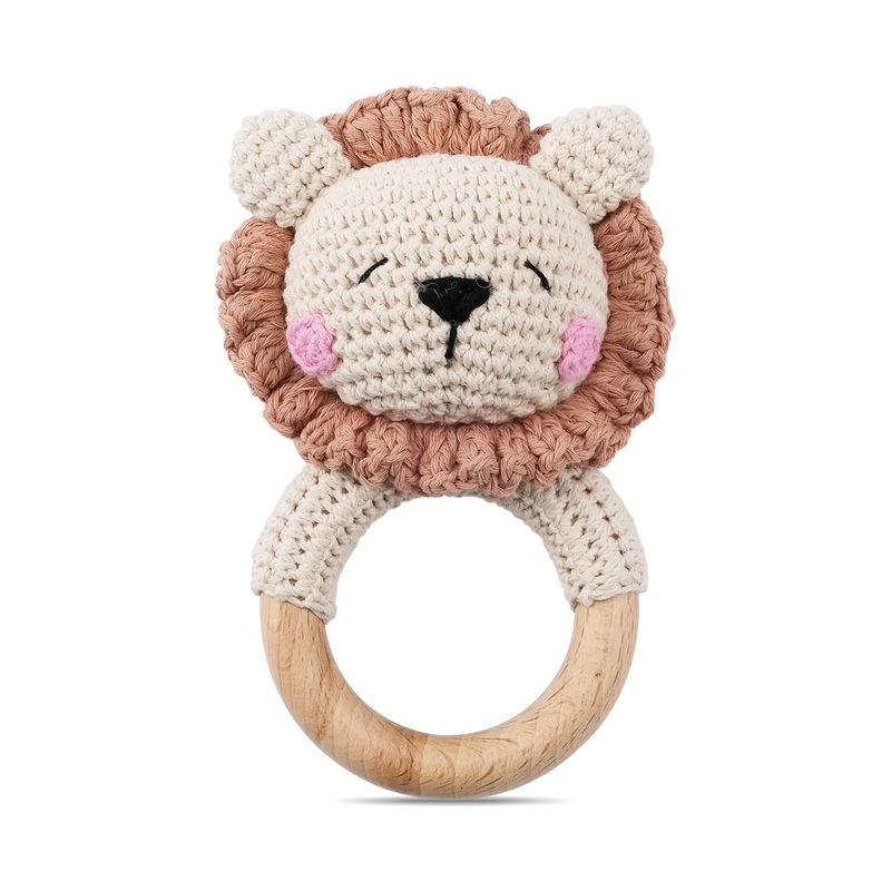 Wooden Baby Rattle,Crochet Lion Rattle with Wood Ring, Newborn Wooden Animal Rattle Toy,Infant Lion Wood Rattle Toys