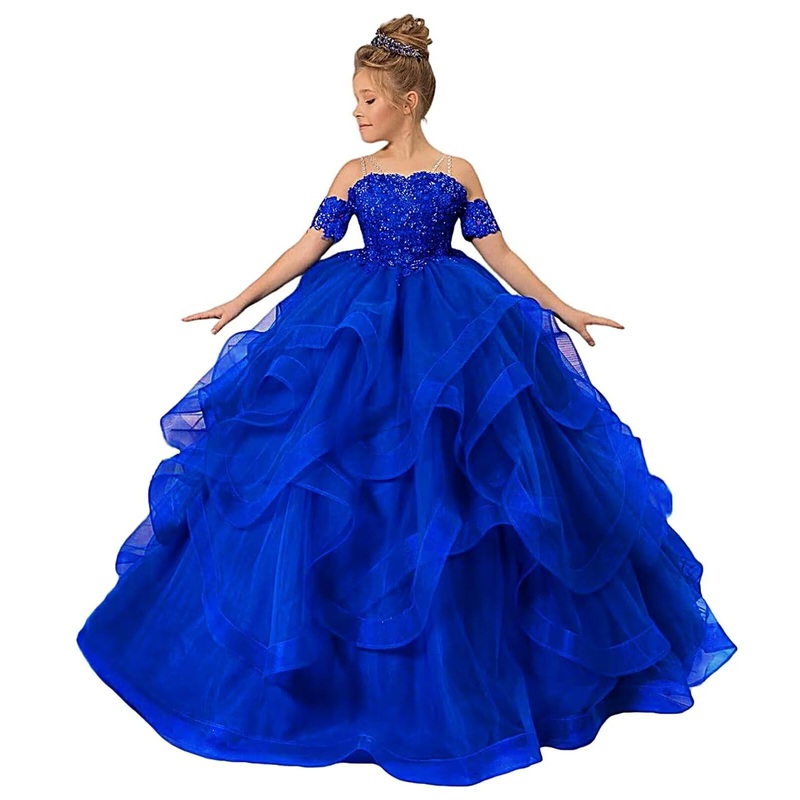ZPVP Royal Blue Girls Pageant Dress Long Ruffles Princess Flower Girl Dress Beaded Appliques Tulle Wedding Party Costumes US4