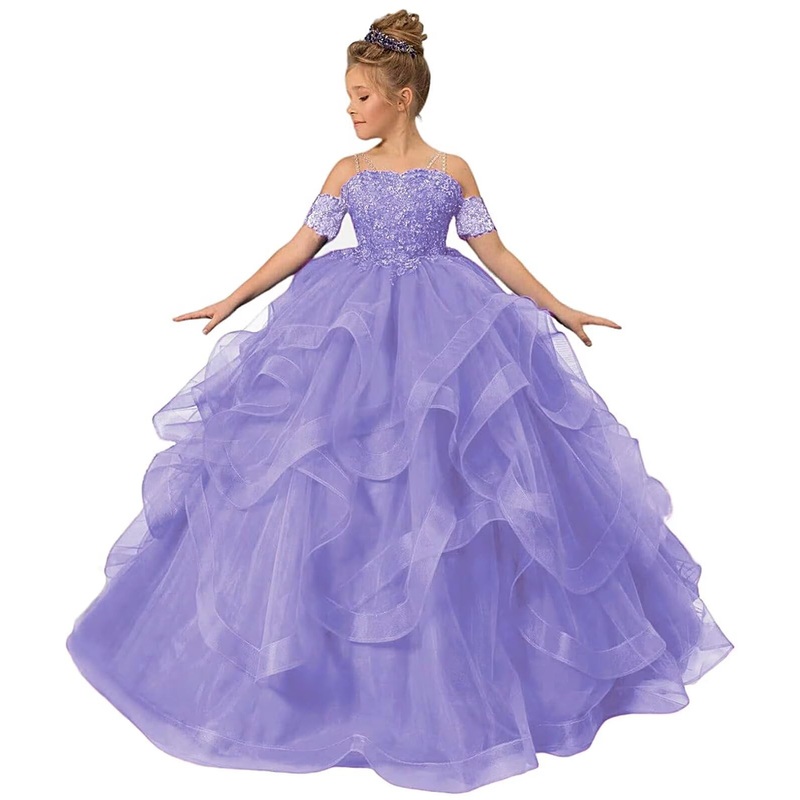 ZPVP Tulle Princess Girls Pageant Dress Tiered Ruffles Flower Girl Dress Beaded Appliques Wedding Party Costumes Lavender US6