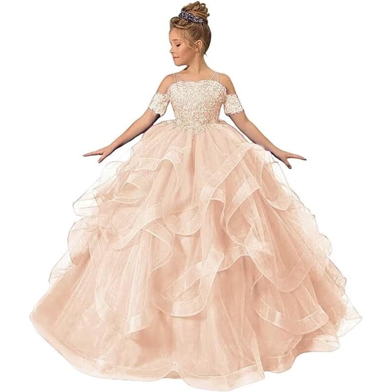 ZPVP Tulle Princess Girls Pageant Dress Tiered Ruffles Flower Girl Dress Beaded Appliques Wedding Party Costumes Rose Gold US6
