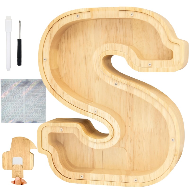 Bitreeworks Letter Piggy Bank, Personalized Wooden Coin Banks, Large Wood Money Peny Bank for Adults (9”, Alphabet S)