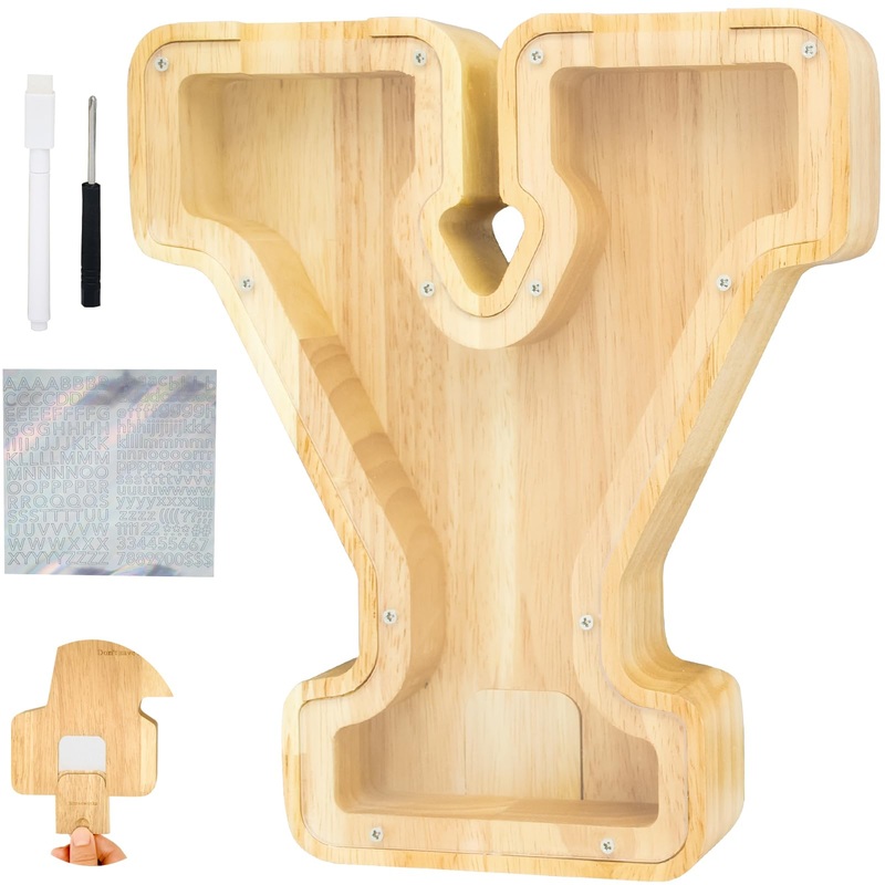 Bitreeworks Letter Piggy Bank, Personalized Wooden Coin Banks, Large Wood Money Peny Bank for Adults (9”, Alphabet Y)