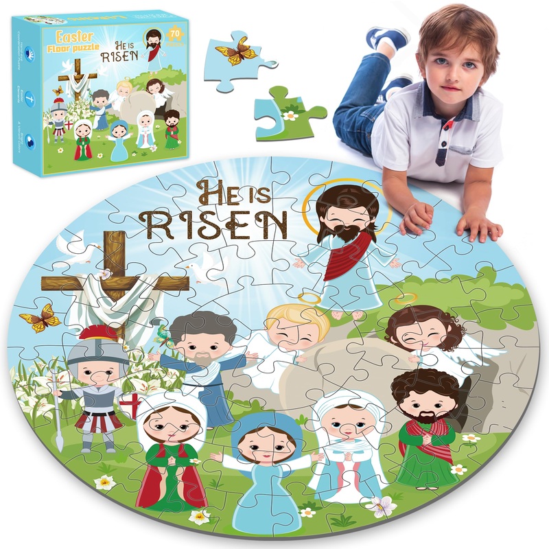 Christian Easter Gifts Basket Stuffers for Kids, 70Pcs Large Easter Floor Puzzles for Kids Age 4-8, He is Risen Jigsaw Puzzles B