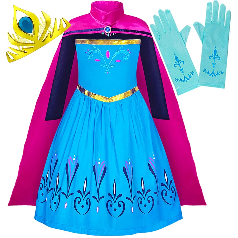 Cokos Box Girls Coronation Dress Costume, Princess Long Cape Pink Cloak, Gloves, Tiara Crown Accessories Kids Set 3 Years, Blue,