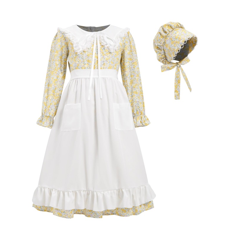FORTMAC Prairie Dress Girls Pioneer Colonial Costume Floral 1800s Pilgrim Costume with Apron and Bonnet Yellow 7-8Y