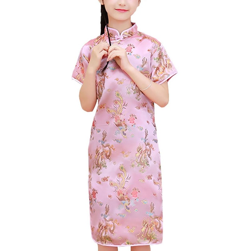 Girls Chinese Qipao Dress Dragon Pattern Short Sleeve Cheongsam Costume for Birthday Party Wedding (US, Age, 6 Years, 7 Years, P