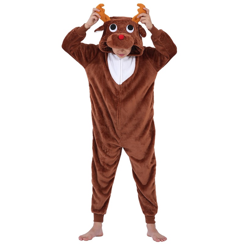 Halloween Christmas Unisex Kids Flannel Cosplay Onesie Costume Outfit Suit for Girls and Boys (Coffee Reindeer, 10 Years)