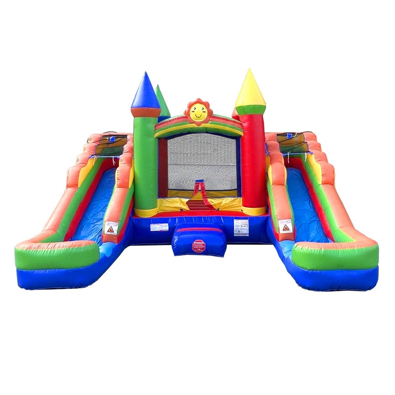Inflatable Bounce House and Double Slide Combo Unit (Without Blower) – 16.5 x 15 x 11 Foot- Crossover Rainbow Castle Combo Bounc