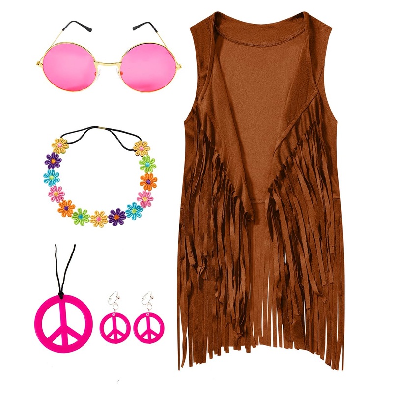IWALUE 60s 70s Outfits Hippie Costume Set Kid Girls Fringe Tassel Vest with Earring Headband Glasses(Brown,12-14 Years)