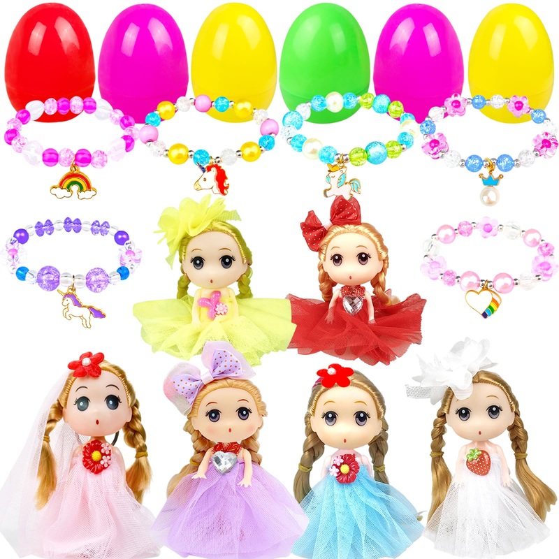 JIABNUKKN Easter Basket Stuffers Eggs Filled 6 Pack Large Eggs with Cute Dolls and Colorful Bracelets Inside, Gifts for Kids Pre