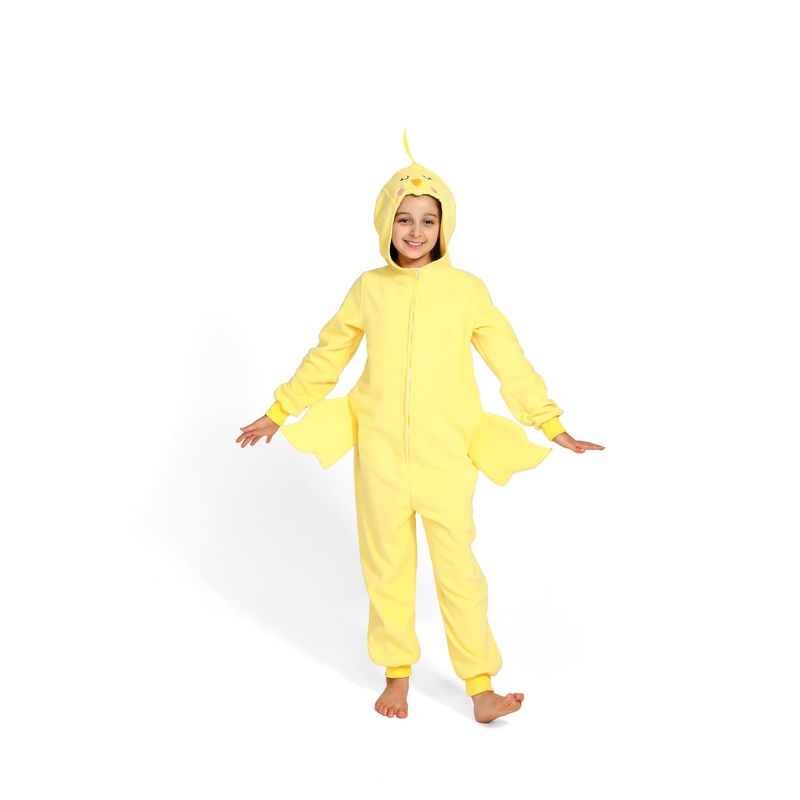 Leadtex Child Yellow Chicken Costumes Zipper Cartoon Chicken Onesie Pajamas Costume Halloween Cosplay Jumpsuit for kids,XL10-12