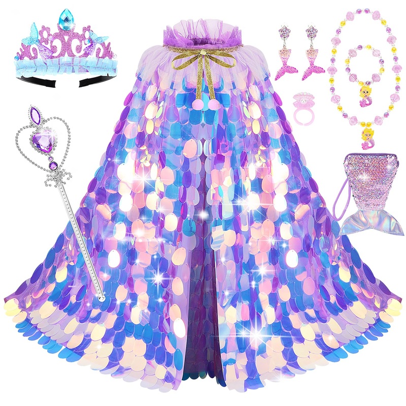 LIMIROLER Princess Dress Up Toys Princess Dress Up Clothes Rainbow Mermaid Cape Kit 9 Pcs Gift Set for Little Girls 3-8 Years Ol