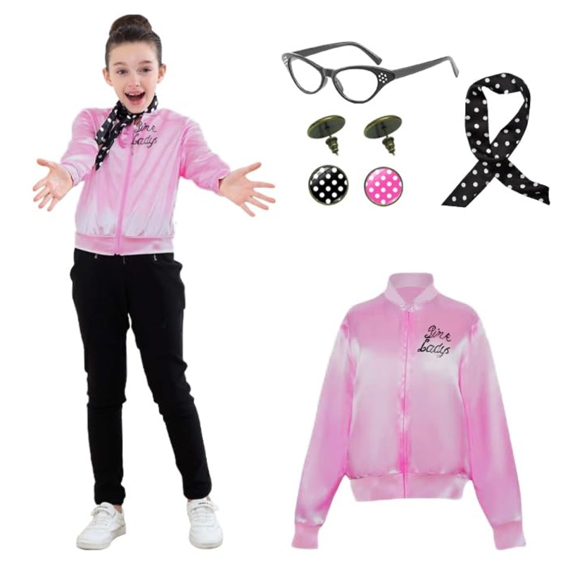 Lixinya Child Girls Pink Satin Ladys Jacket 50S Pink Satin Jacket Halloween Costumes Little Girls’ Coat Size 6-14