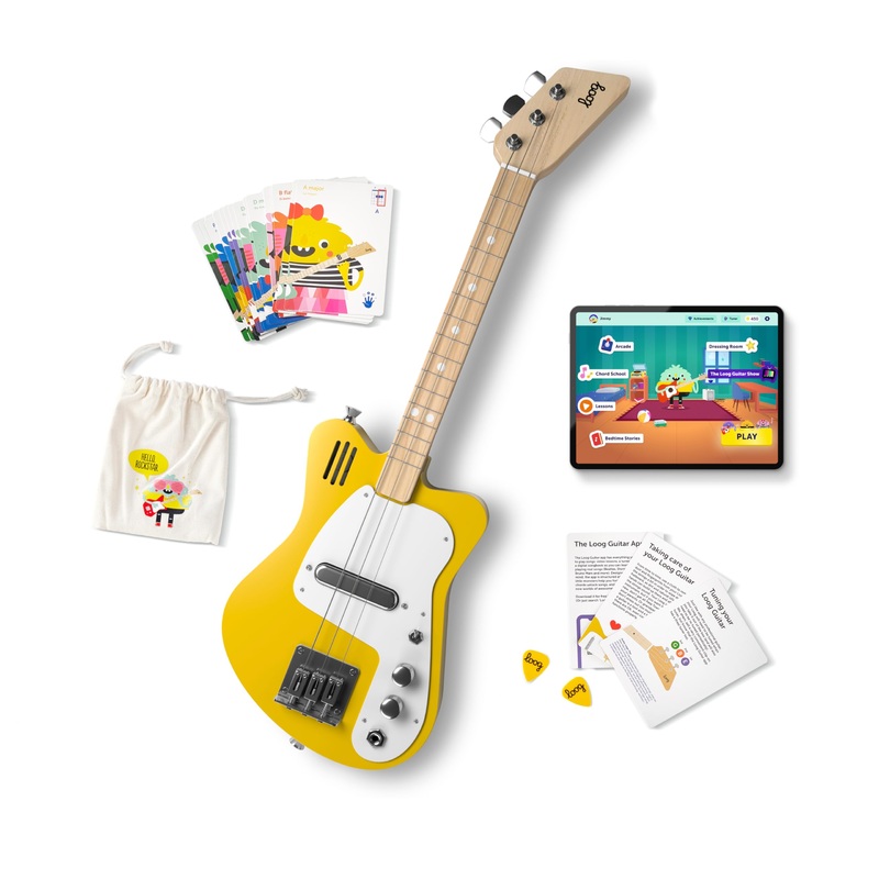 Loog Mini Electric kids Guitar for Beginners built-in Amp Ages 3+ Learning App and Lessons Included Yellow