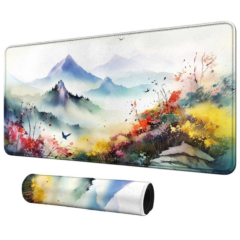 MTG & TCG Playmat, 24” x 14” Game Mat for Table, Perfect for Card Games, Watercolor Mountains Flowers