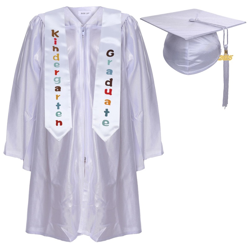 Newrara Kindergarten Graduation Cap and Gown Stole Package for Kids (White, 33)