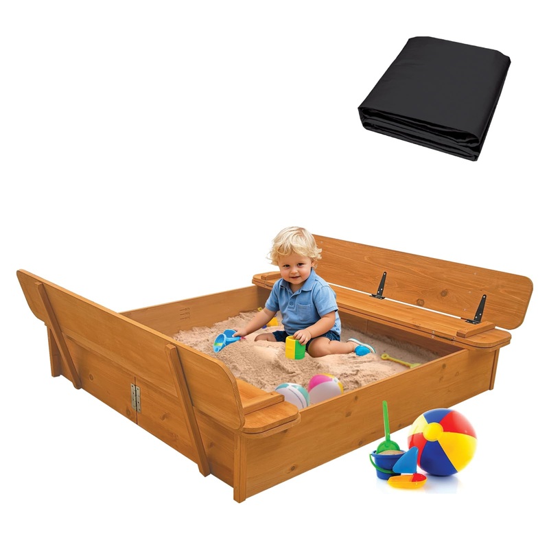 RUNSHED Large Wooden Kids Sandbox with Lid – Outdoor Sand Box for Kids with Cover Sand Protection, Foldable Bench Seats and Bott