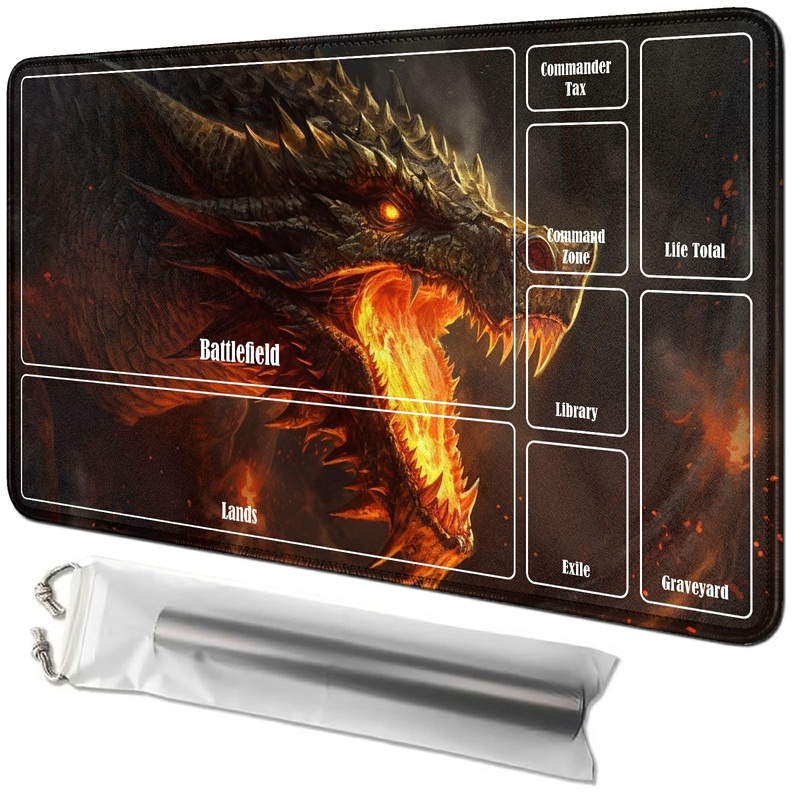 RWUTYTIUL Flame Dragon Card Playmat – 24 X 14 Inch with Tube Bag, Commander Deck Board MTG RPG CCG TCG Card Game Playing Desk Ma