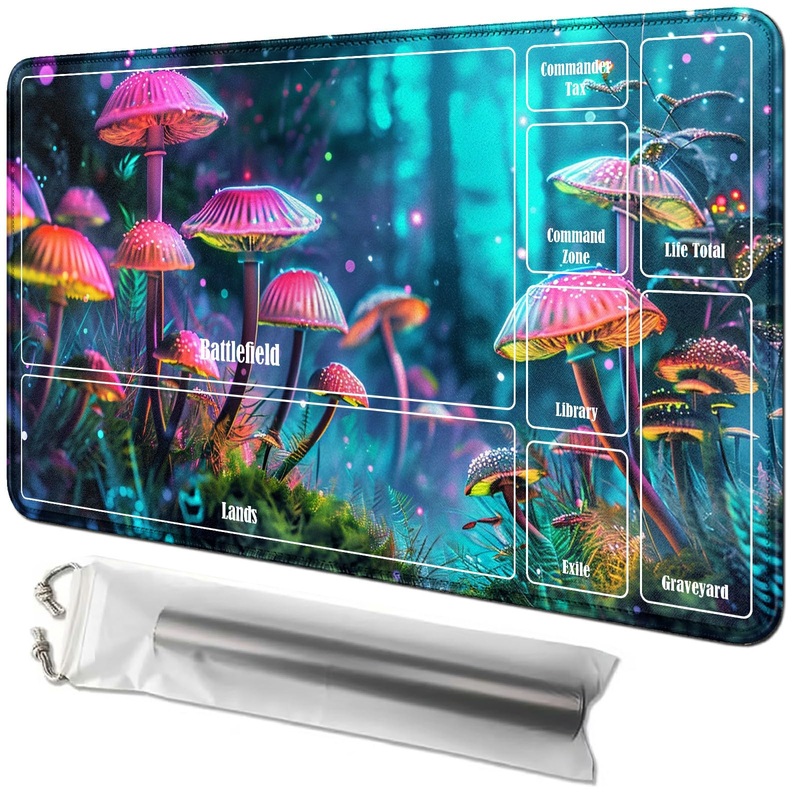 RWUTYTIUL Mushroom Forest Card Playmat – 24 X 14 Inch with Tube Bag, Card Gameplay Mat with Zones for Commander Deck MTG RPG CCG