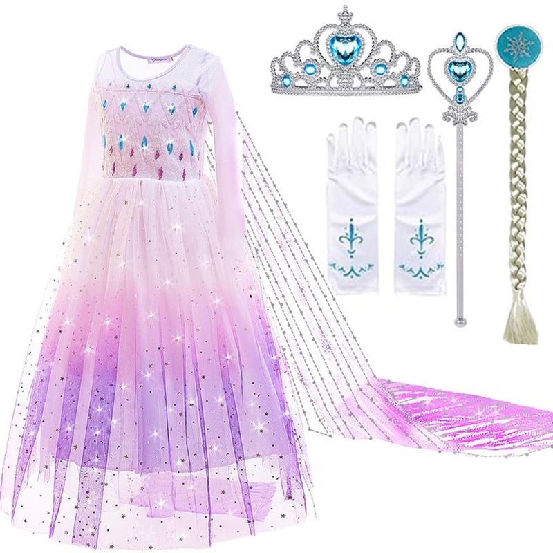 SOTOTOO Elsa Costume Long Sleeves Princess Dress Queen White Costume Cosplay Dress Up with Accessories Halloween (Violet,9-10Yea