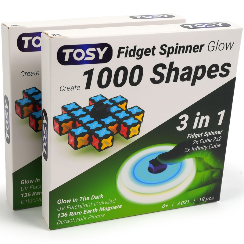 TOSY Magnet Fidget Spinner Glow – 16 Blocks, 3 in 1 Toy: Transformable Fidget Spinner, Infinity Cube, 2×2 Puzzle Cube, Glow, STE