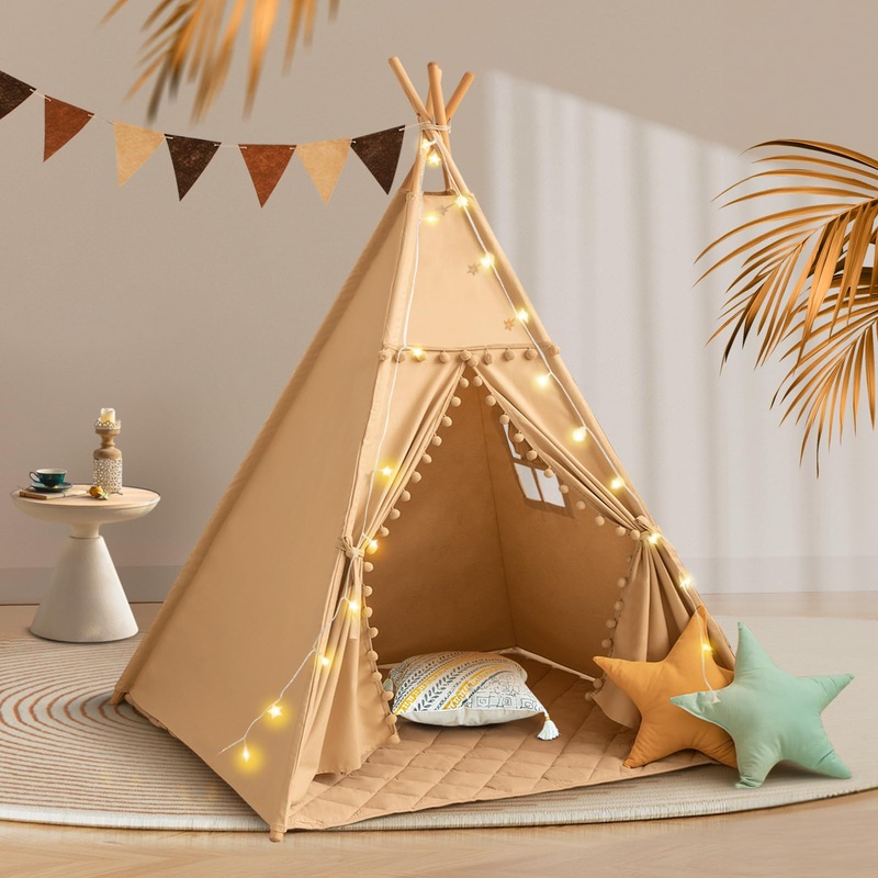 WIRHAO Teepee Tent for Kids with Mat, Cotton Canvas Kids Teepee with Pompom for Toddlers Indoor Play Tent for Girls Boys with St