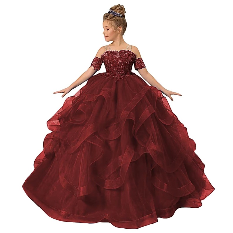 ZPVP Tulle Princess Girls Pageant Dress Tiered Ruffles Flower Girl Dress Beaded Appliques Wedding Party Costumes Burgundy US6