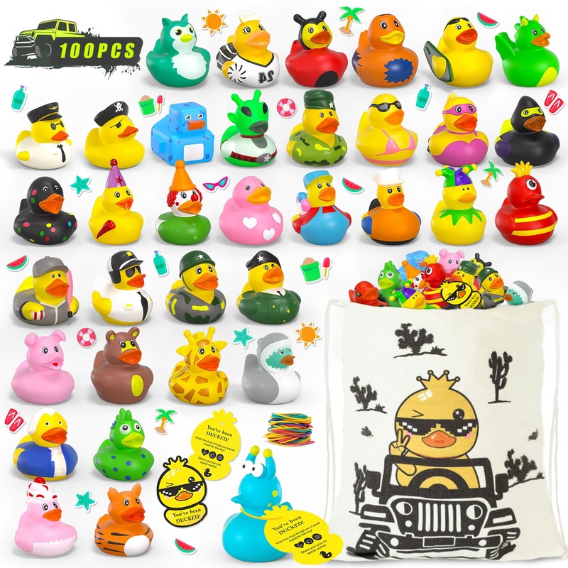 101 Pcs Jeeper Ducks with Tags for Ducking,100 Pack Rubber Ducks+100Cards Tags+1 Bag+100 Straps,Cruise Ducks for Hiding with Tag