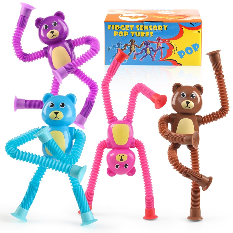 4 Pcs Telescopic Suction Cup Bear Toy,Bear Pop Sensory Tube Toddler Fidget Toys,Bear Party Favors for Kids,Classroom Exchange, S