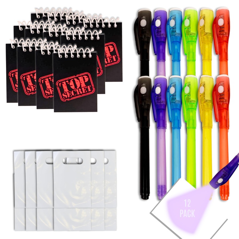 4E’s Novelty 12 Invisible Ink Pen with UV Light, 12 Mini Top Secret Notebook and 12 White Goodie Bags – Fun Bulk Party Favors fo