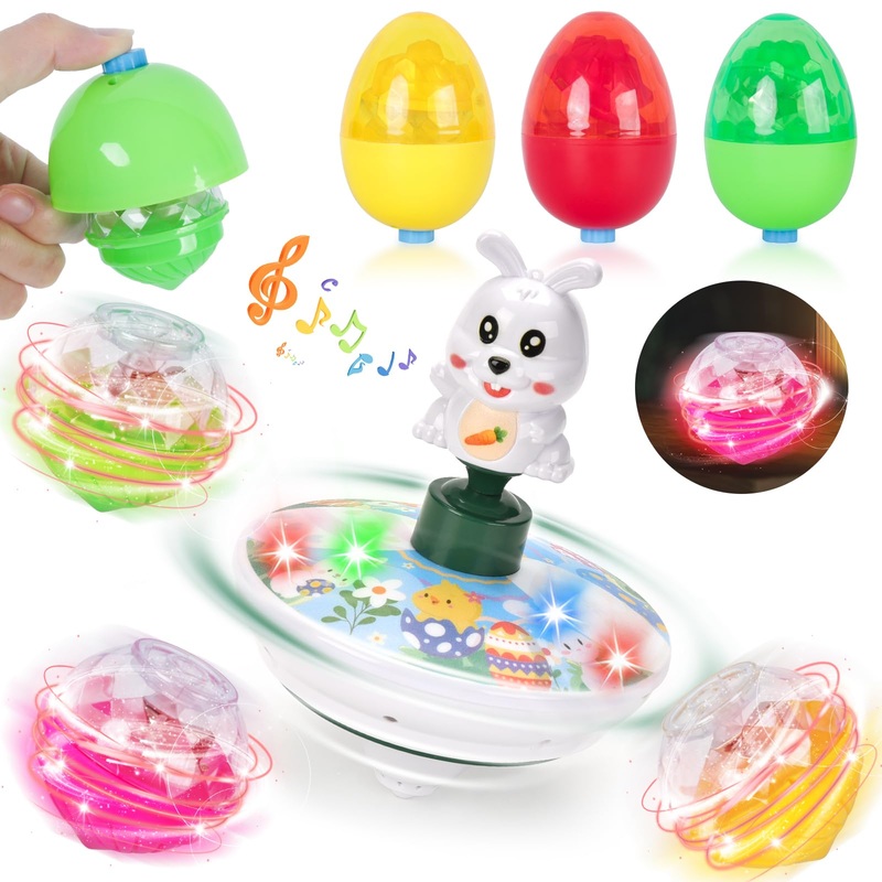 7 Pcs Easter Toys Light Up Spinning Tops, Easter Eggs Basket Stuffers Gifts for Toddler, Egg Toys Bunny Gyroscope, Lighting & Mu