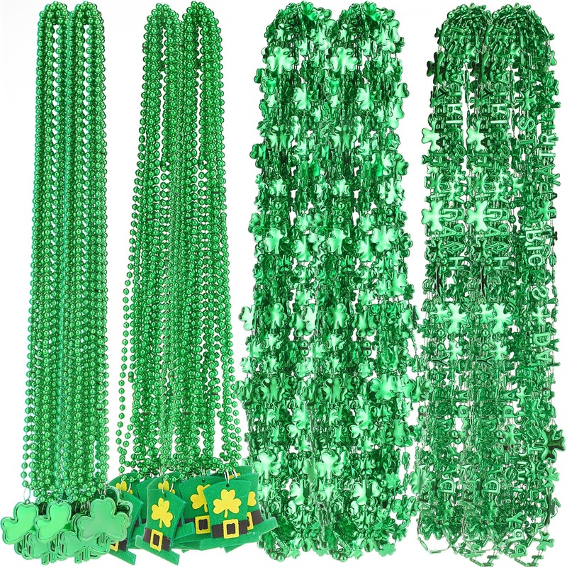 Batiyeer 48 Pcs St. Patrick’s Day Shamrock Necklace Bulk 12 Pcs Shamrock Pendant 12 Pcs Irish Hat Bead 12 Pcs Clover Letter 12 P