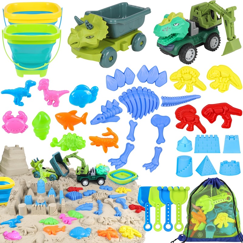 Beach Toys, 36Pcs Dinosaur Sand Toys for Kids Toddlers, Sandbox Toys with 2 Truck, Collapsible Beach Bucket, Mesh Bag, Sand Mold