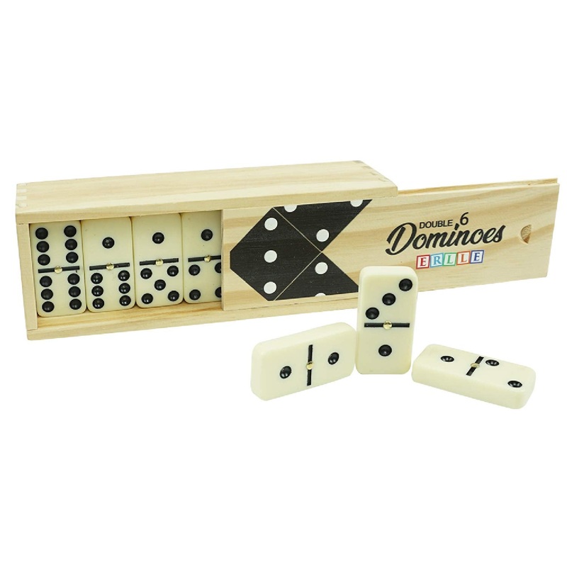 ERLLE – Dominoes Set, Premium Classic 28-Piece Double Six Domino Set with Wooden Case, Family & Kids Board Game, Mexican Train,