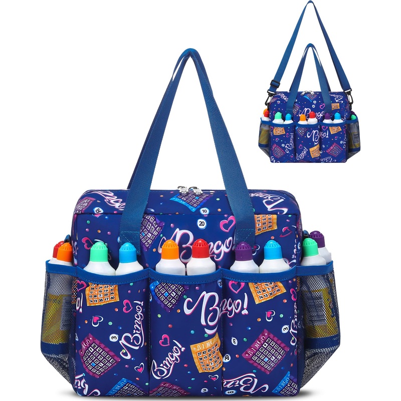 FOKDUVB Bingo Bag with Pockets for Daubers Dabbers Dobbers Dotters Casino Bingo Game Accessories for Adults Seniors Blue
